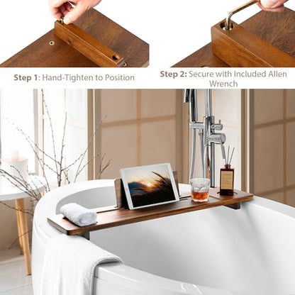 Wood Bathtub Tray Caddy - 35" Non-Slip Luxury Bath Board for Freestanding Tub - Premium Wood Bathtub Organizer with Wine Glass, Book & Phone Holder for Spa Relaxation, Gift Ideas
