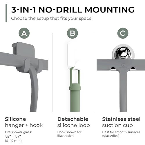 Silicone Shower Squeegee for Glass Doors & Mirrors with Stainless Steel Core, Streak-Free & No-Squeak Window Cleaning, 3-in-1 No-Drill Mount (Hook/Suction/Adhesive),Gray, 11 Inches | Streak-Free & No-Squeak Window Cleaning, Stainless Steel Core, Hook/Suct