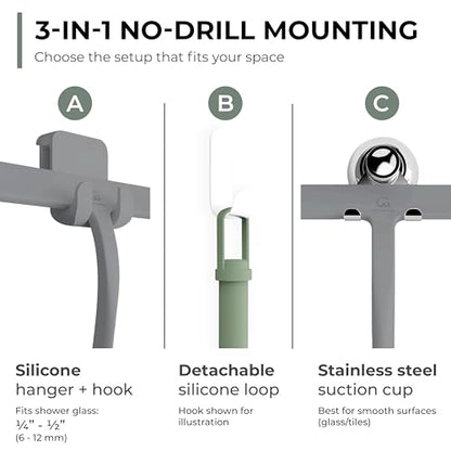Silicone Shower Squeegee for Glass Doors & Mirrors with Stainless Steel Core, Streak-Free & No-Squeak Window Cleaning, 3-in-1 No-Drill Mount (Hook/Suction/Adhesive),Gray, 11 Inches | Streak-Free & No-Squeak Window Cleaning, Stainless Steel Core, Hook/Suct