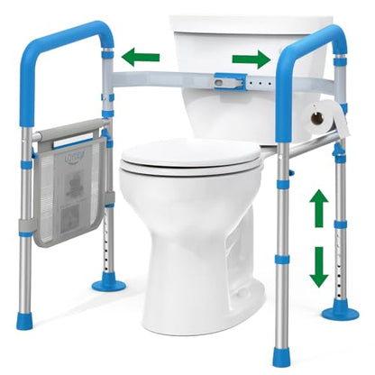 Foldable Safety Rails for Seniors with Handle, 350 LBS Capacity | One-Button Adjustable Width Toilet Grab Bars with Height Adjustment, Ideal for Elderly & Disabled Users, Fits Most Toilet