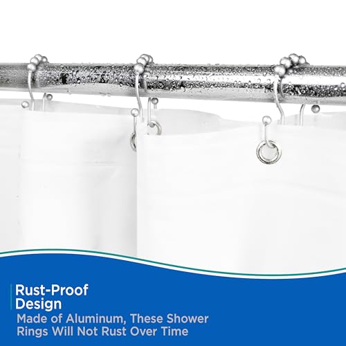 Kenney KN67124 Rust-Proof Gliding Aluminum Beaded Shower Curtain Rings with Double Hanging Hooks for Shower Curtain and Standard Shower Curtain Rod, Bathroom Use, Easy to Install, 12-Pack, Matte Gray