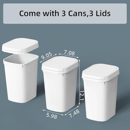KSSKSS 3 Pack Bathroom Small Trash Can with Lid, 2.6 Gallon Slim Garbage Bin with Pop-Up Lid, 10L Plastic Wastebasket for Bedroom, Office, Kitchen, Toilet (White) - color: White-included Trash bags