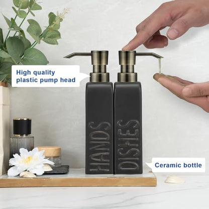 Ceramic Soap Dispenser Set for Bathroom and Kitchen, 2Pack Refillable Dish Soap and Hand Soap Dispenser - color: Retro Black-bronze