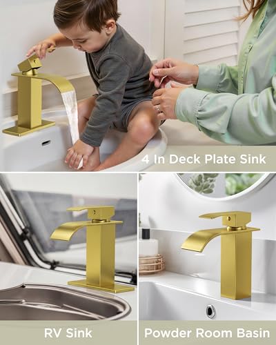 FORIOUS Bathroom Faucet 1 Hole, Waterfall Vanity Sink Faucet Brushed Gold | Bathroom Sink Faucet 1 or 3 Hole, Square Single Handle with 24" cUPC Supply Line and Pop-up Drain, Fits RV Restroom Basin - color: Brushed Gold