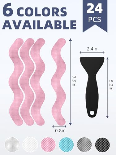 Secopad 24PCS Anti-Slip Shower Stickers with Scraper, 0.8"*8", Pink | Patented, Non Slip, Easy to Use and Clean,Strong Adhesive & No Residue, For Bath Tub, Shower Floor, Stairs, Safe PEVA Decals - color: Pink
