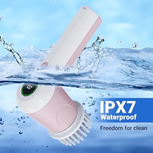 PUFTEM Electric Spin Scrubber, Cordless Shower Scrubber, Pink | Battery Level Display, Dual Speed, 6 Replaceable Brush Heads, IPX7 Waterproof, Long Runtime, Tub, Tile & Sink Cleaning - color: Pink