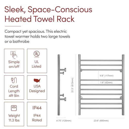 Heated Towel Rack, 10-Bar Wall-Mounted Electric Towel Warmer, Brushed Stainless Steel, Plug-in or Hardwired, Luxury Bathroom Accessory for Warm, Dry Towels (WarmlyYours Infinity) - color: Brushed Stainless Steel