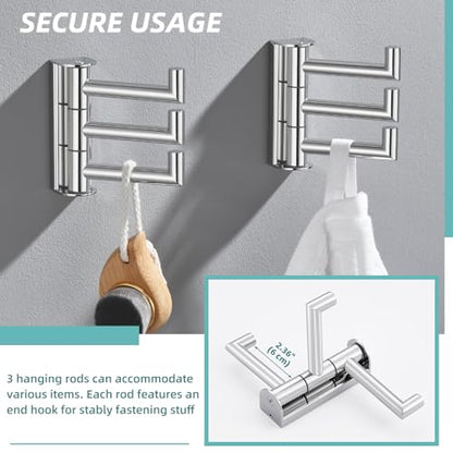 Foldable Wall Hooks with 3 Swivel Arms, 2 Pack, Polished Chrome | 304 Stainless Steel Swivel Towel Hooks, Heavy Duty 11 lbs, Bathroom, Kitchen Use, Space-saving Towel Storage, Wall Mounted - color: Polished Chrome, size: 2 Pack