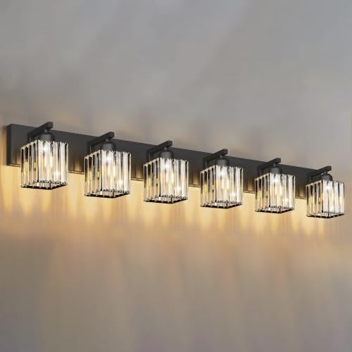 Black Crystal Bathroom Vanity Light, 6-Light Modern Bathroom Lighting Fixtures Over Mirror, Matte Black Wall Sconce Light Fixtures with Square Shade - color: Black-Square Shade, size: 6-LIGHT