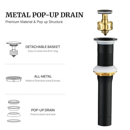 Pop up Sink Drain Stopper for Bathroom Vessel Vanity Sink Art Basin Matte Black, Small Cap Without Overflow, Metal Pop-up Drain Strainer with Detachable Basket Stopper (Pack of 2) - color: Matte Black, size: Without Overflow (Pack of 2)
