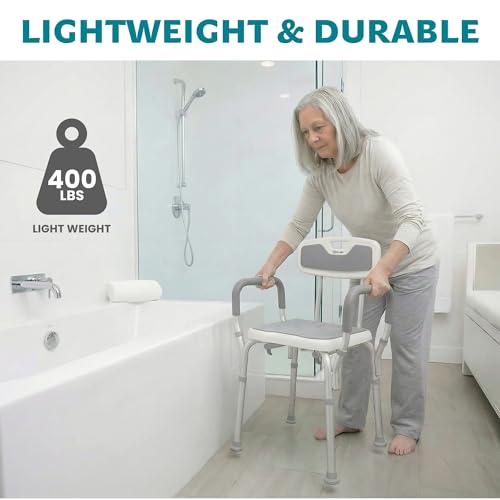 Dr. Aid Shower Chair, 6-Height Adjustable, 400 lbs, Grey Seat Cushion | Height Adjustable, Anti-Slip, Tool-Free Assembly, Arms & Back Support