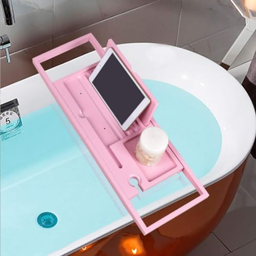JEOZBM Bath Tray, Bamboo Bath Table Tray, Retractable Bathtub Shelf,Bathtub Caddy Tray, Expandable Bathroom Accessories for Wine, Phone, Book(90CM-Rose) - color: Rose