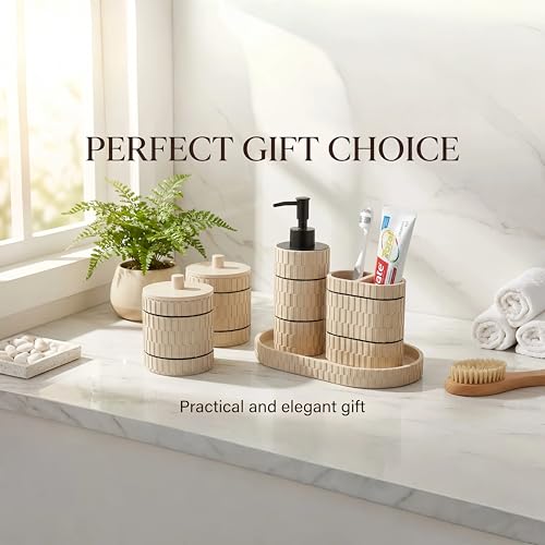 Bathroom Accessory Set, 6 Piece Bathroom Essentials Sets Accessories, Soap Dispenser Set, Toothbrush Holder, Vanity Tray, Tumbler, Cotton Swab Jars, Decor Organizer for Modern Bathrooms(Beige)