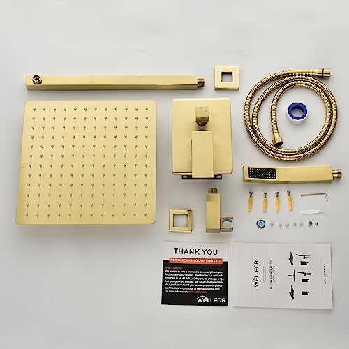 WELLFOR Brushed Gold 12" Wall Mounted Shower Faucet Set Single Handles, Dual Head Shower Faucet System with 2-way Diverter, Shower System with Handheld Spray, Rough in Valve, Hot Cold Water - color: Gold, style: Wall Mount 12-Inch
