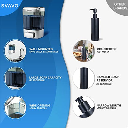 SVAVO Wall Mounted Soap Dispenser Kitchen Bathroom Manual Soap Dispenser Refillable Hand soap Dispenser for Liquid Contianers Shampoo Gel Chamber for Household Commerical 23.7oz (700ml) ABS - color: Chrome&clarity Brown