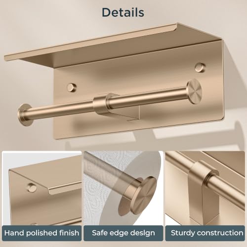 FORIOUS Toilet Paper Holder with Shelf, Commercial Toilet Paper Dispensers | Champagne Gold | Wall Mount Bathroom Tissue Holder | SUS304 Stainless Steel Rustproof | Double Tissue Roll Holder - color: Champagne Gold