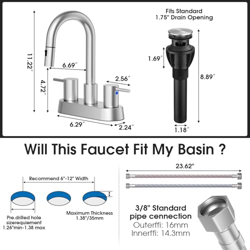 Stainless Steel Brushed Nickel Bathroom Faucet with Pull Out Sprayer, Dual-Function Spout Bathroom Sink Faucets, 4 Inch Two Handle Utility Sink Faucet with Sprayer 3 Hole, Pet Shower, RVs - color: Brushed Nickel