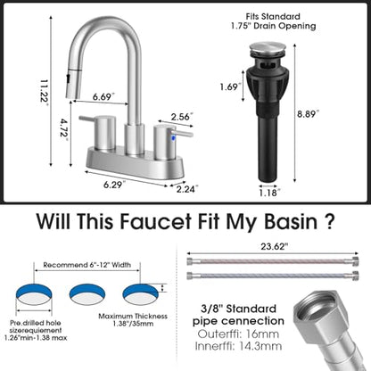 Stainless Steel Brushed Nickel Bathroom Faucet with Pull Out Sprayer, Dual-Function Spout Bathroom Sink Faucets, 4 Inch Two Handle Utility Sink Faucet with Sprayer 3 Hole, Pet Shower, RVs - color: Brushed Nickel