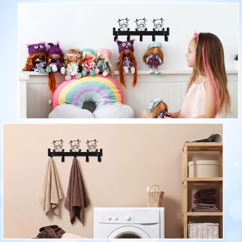 Kathfly Rustic Highland Cow Over the Door Hooks Towel Hooks Heavy Duty Hanging Towel Rack Over Door Hanger, 5 Coat Hanger for Bedroom Bathroom Kitchen - color: Black, style: Rustic Highland Cow