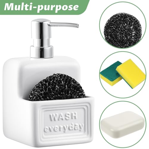 RQYIXI 2-in-1 Ceramic Dish Soap Dispenser with Sponge Holder, White, 15 Oz | caddy kitchen sink organizer embossed design mesh scrubber refillable pump countertop lotion bathroom vanity - color: Rectangle White