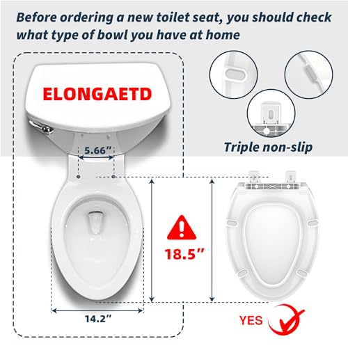 ELONGATED toilet seat risers for seniors, Slow Close, Elevated toilet seat, Heavy Duty, Never Loosen, Raised toilet seat elongated bowl, White(18.5”)