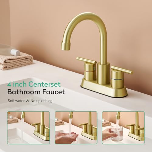Faustina Brushed Gold Bathroom Faucet, 4 Inch Centerset Faucets for Sink 2 Holes 3 Holes，Two Handles 304 Stainless Steel Faucet with Pup up Drain Assembly and 2 Water Supply Lines for RV Vanity - color: Gold, style: Modern Centerset
