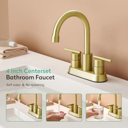 Faustina Brushed Gold Bathroom Faucet, 4 Inch Centerset Faucets for Sink 2 Holes 3 Holes，Two Handles 304 Stainless Steel Faucet with Pup up Drain Assembly and 2 Water Supply Lines for RV Vanity - color: Gold, style: Modern Centerset