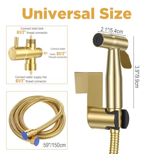 Gold Handheld Bidet Sprayer for Toilet,Stainless Steel Handheld Sprayer Kit With Adjustable Pressure For Personal Hygiene, Pet Bathing, Bathroom Cleaning