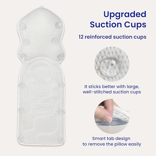 Bath Pillows for Tub Full Body, Large Mesh tub Pillow for Bathtub for Head, Neck and Back Support with Laundry Bag and Hanger for Quick Drying White