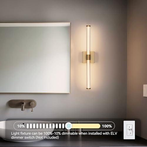Tubicen Gold LED Vanity Light Linear Vertical Wall Sconce Dimmable 25in | 360° Full Lighting, 12W Vanity Light Bar Modern Slim Wall Light Fixture for Living Room Bathroom Bedroom, Warm White - color: Gold