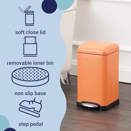 happimess Betty Retro Mini 3.2 Gal Step Trash Can, Carrot Cake | Soft-Close Lid, Removable Liner, Iron, Hands-Free Pedal, Satin Finish, Non-Skid Base, Built-In Damper, Modern, Minimalistic - color: Carrot Cake