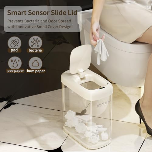 MRBIN Motion Sensor Adsorption Bag Bathroom Trash Can with Lid and Wheels, 10L/2.6gal Automatic Waste Basket Slim Electric Metal Garbage Bin for Office, Bedroom, Rv, Cream White