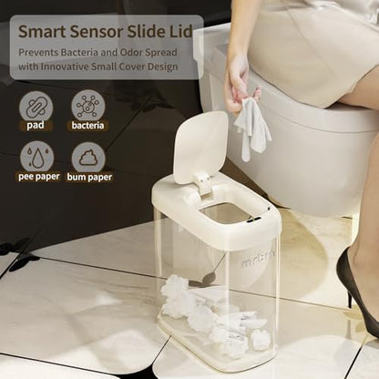 MRBIN Motion Sensor Adsorption Bag Bathroom Trash Can with Lid and Wheels, 10L/2.6gal Automatic Waste Basket Slim Electric Metal Garbage Bin for Office, Bedroom, Rv, Cream White