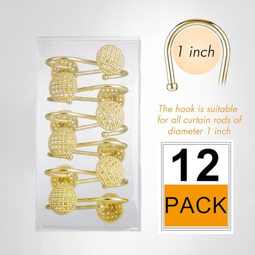 Pearlbee Gold Shower Curtain Hooks, 12Pcs Rustproof Heavy Duty Zinc Alloy | Round beaded design, 4mm zinc alloy, rustproof, anti-drop, smooth glide, easy install, Modern Decorative, matte gold - color: Gold