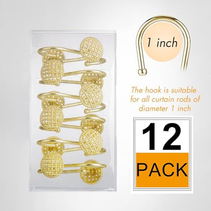 Pearlbee Gold Shower Curtain Hooks, 12Pcs Rustproof Heavy Duty Zinc Alloy | Round beaded design, 4mm zinc alloy, rustproof, anti-drop, smooth glide, easy install, Modern Decorative, matte gold - color: Gold