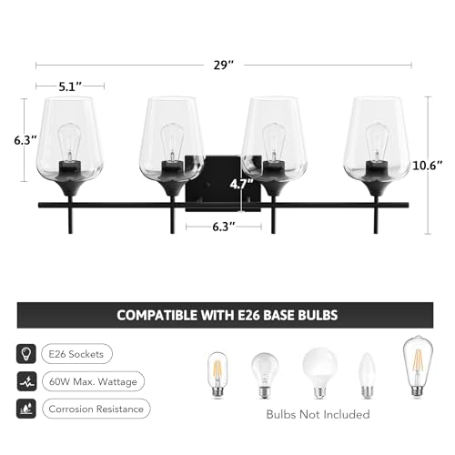 VONLUCE Bathroom Vanity Light, 4 Light Bathroom Light Fixture Over Mirror, Bathroom Wall Lamp with Clear Glass, Modern Black Vanity Lighting fixtures for Bathroom, Bedroom, Hallway | Wine Glass Shades, E26 Sockets, Easy to install, Vanity Lights for Bathr