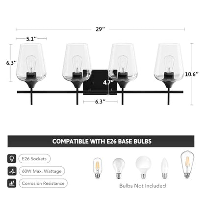 VONLUCE Bathroom Vanity Light, 4 Light Bathroom Light Fixture Over Mirror, Bathroom Wall Lamp with Clear Glass, Modern Black Vanity Lighting fixtures for Bathroom, Bedroom, Hallway | Wine Glass Shades, E26 Sockets, Easy to install, Vanity Lights for Bathr