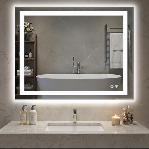 NEWBULIG Smart Anti-Fog LED Bathroom Mirror with Front Light & Backlit, 3 Color Modes, Dimmable, Memory Function, Wall-Mounted Modern Rectangular Vanity Mirror, White, 36"x48" - color: Led-white Rect, size: 36"L x 48"W