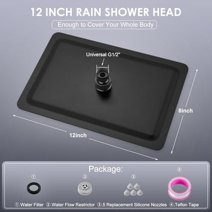 12x8 Inch Rectangle Rain Shower Head Black, All Metal Stainless Steel 304, Full Body Rainfall Shower with 112 Silicone Nozzles, Ceiling Rain Showerheads - color: B-Matte Black, size: 12 x 8 Inch Rectangle
