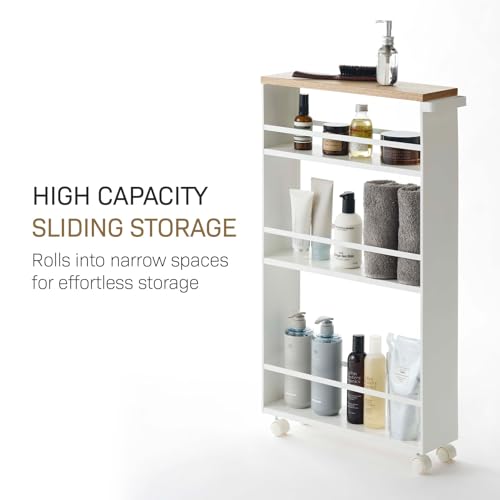 YAMAZAKI home Tower Rolling Slim Storage Cart With Handle White | Narrow kitchen storage cabinet with built-in handle. Slim rolling storage cart with wheels. Easy assembly. Keeps items tidy. - color: White