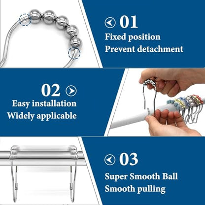24 Pieces Stainless Steel Shower Curtain Hooks and Rings Set - Polished Nickel, Lightweight and Durable for Bathroom Curtain Rollers and Shower Curtain Rods, Metal Shower Curtain Rings