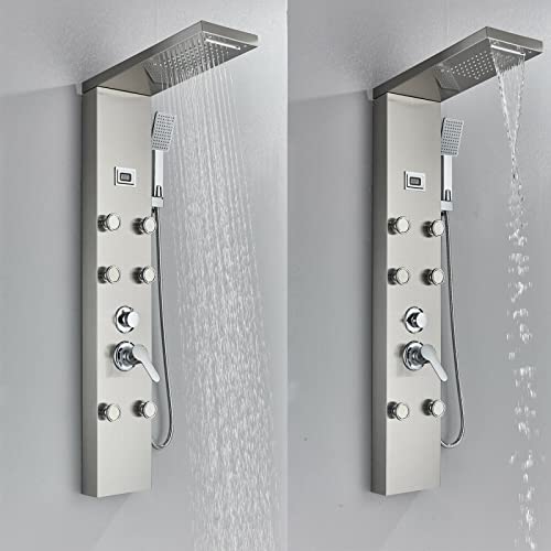 LED Light Shower Panel Tower Rainfall Waterfall Shower Head with Massager Jets Body System Jet Black B (Color : Brushed Nickel E) - color: Brushed Nickel E