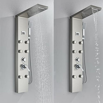 LED Light Shower Panel Tower Rainfall Waterfall Shower Head with Massager Jets Body System Jet Black B (Color : Brushed Nickel E) - color: Brushed Nickel E