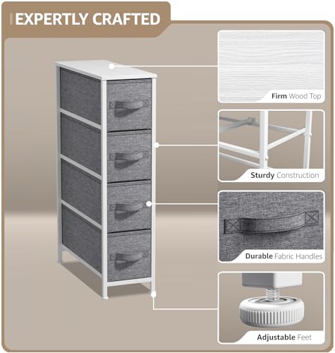 Sorbus Narrow Dresser with 4 Drawers - Vertical Slim Storage Chest of Drawers with Steel Frame, Wood Top & Easy Pull Fabric Bins for Small Spaces, Closets, Bedroom, Bathroom & Laundry (White/Gray) - color: White/Gray, style: 4 Drawer