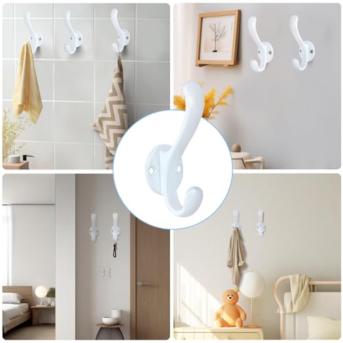 6 Pack Coat Hooks Wall Mount Heavy Duty Utility Retro Double Hooks for Hanging Coats,Hat, Towel, Key, Robe, Scarf, Bag, Cap (White) - color: 6 Pack-White