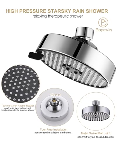 Bovepin 3 functions Rainfall Shower Head Replacement with 1.5 GMP Flow | G1/2" Universal Fitting, 360° Adjustable Brass Ball Joint, 1-Min Easy Install & Easy Clean, Chrome