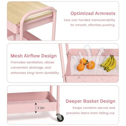 Rolling Cart with Drawers, Storage Cartwith Locked Wheels, Hooks & Hanging Cups for Any Room, Pink - color: Pink