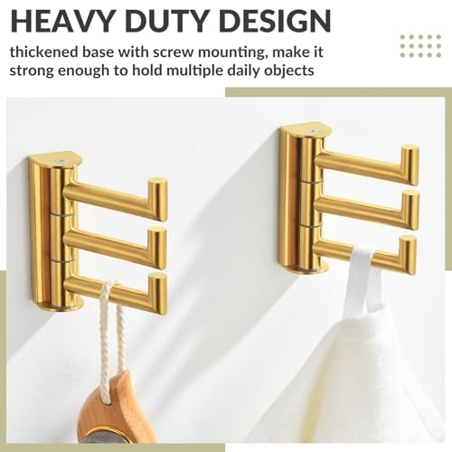 3-Arm Swivel Towel Hooks, 2 Pack, Brushed Gold, Wall Mounted | 304 Stainless Steel, Bathroom Kitchen Closet Use, Heavy Duty 11 lbs Wall Hooks for Towels, Dishrags, Easy 180° Rotate & Fold - color: Brushed Gold, size: 2 Pack
