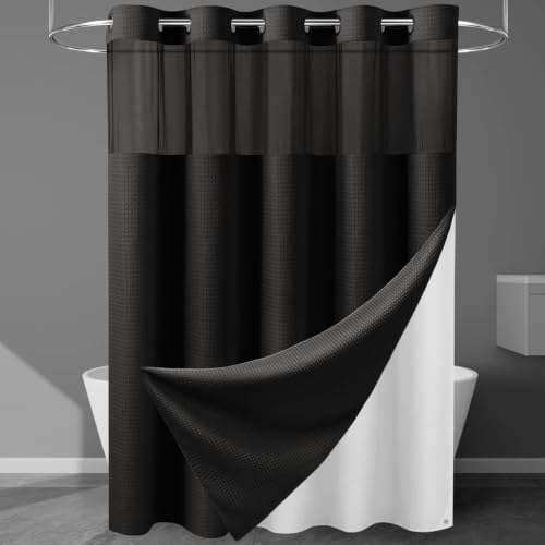 EUTXL Heavyweight No Hook Shower Curtain with Liner, Black,71x77 | Snap in Liner, 256GSM Thick Waffle Fabric, Hotel Luxury Spa, Corner Magnets, Quick Dry, Waterproof & Washable, Long Size - color: Black, size: 71"W x 77"L (Pack of 1)