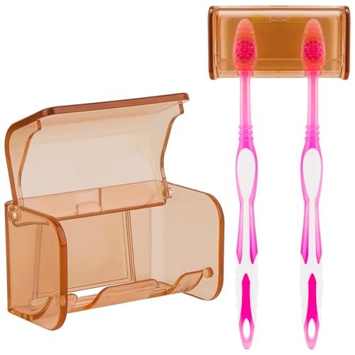 Toothbrush Holder Wall Mounted with Cover for Bathroom, 2 Slots Toothbrush Storage Organizer for Shower, Self Adhesive Toothbrush Hanger Rack for Dorm, Cabinet (Brown) - color: Brown Clear, size: 1 PACK
